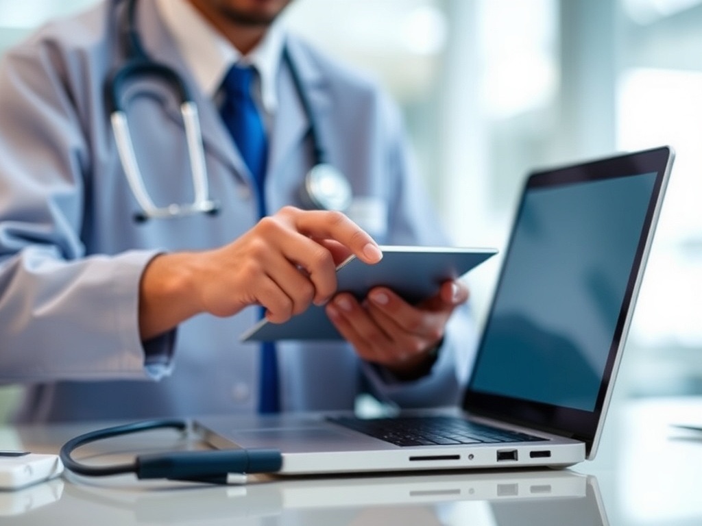 Physician entering data on a tablet next to a laptop showing an EHR system