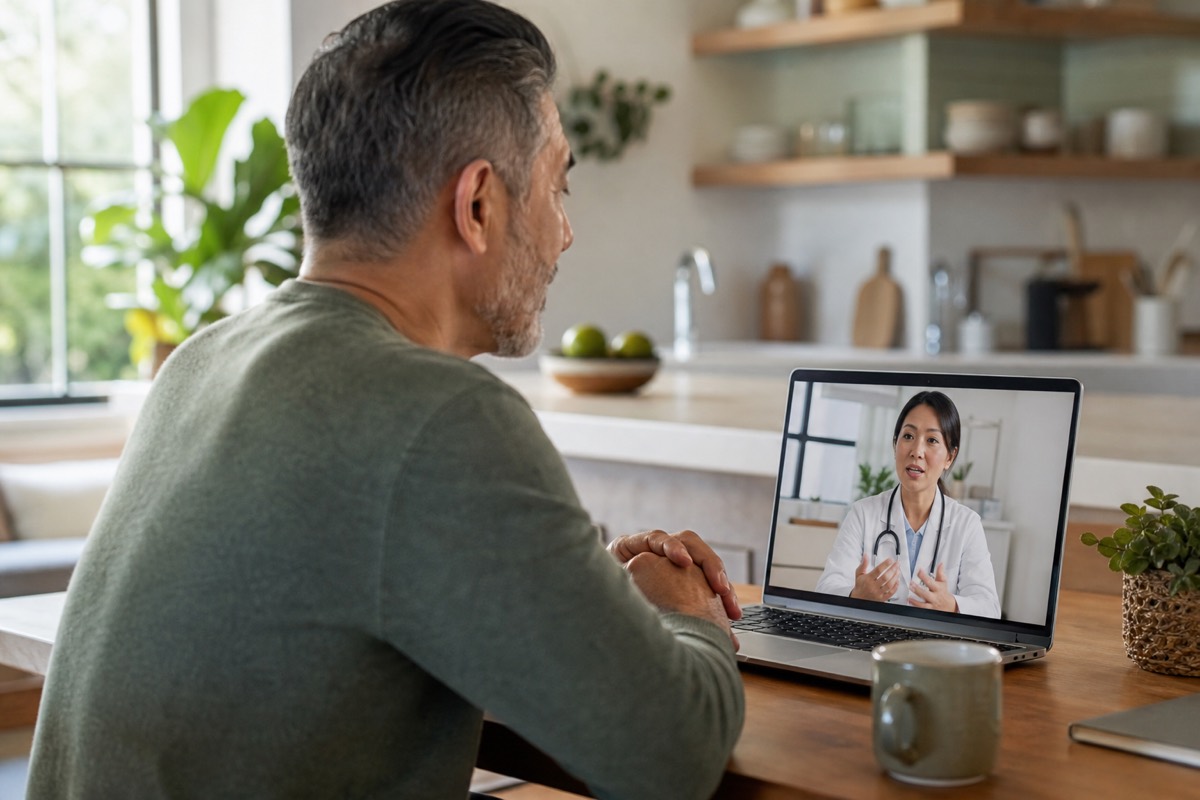 Patient at home having a virtual doctor visit on a laptop at the kitchen table