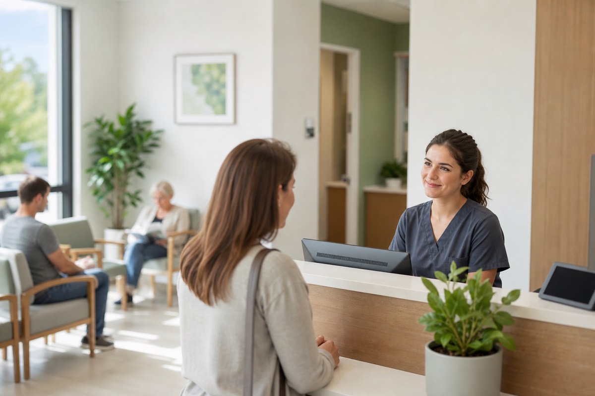 Calm, organized urgent care reception with a friendly staff member helping a patient